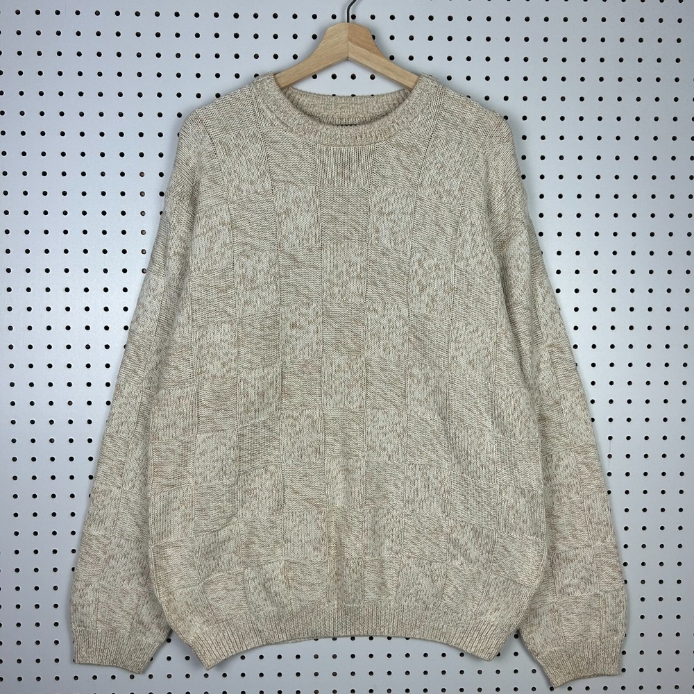 Roundtree & Yorke Chunky Knit Sweater Large Tan Khaki Checkered Grandpa 90s‎